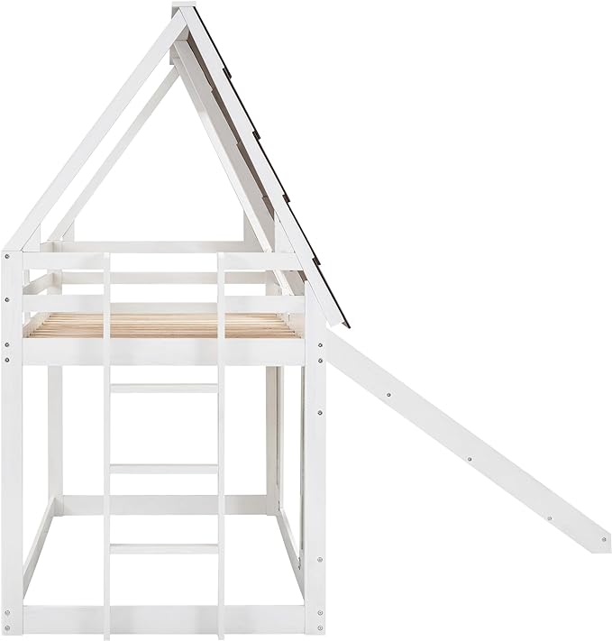 YOPTO Wood Twin Size House Bunk Bed with Roof, Ladder and Slide,Bedroom Low Loft Bed Frame,W/Guardrail,No Box Spring Needed,for Kids,Teens,Girls,Boys White+Brown