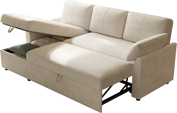 PaPaJet Sofa Bed, Sleeper Sofa with Storage Chaise, L Shaped Sofa with Pull Out Bed, Oversized Sofas for Living Room, Beige