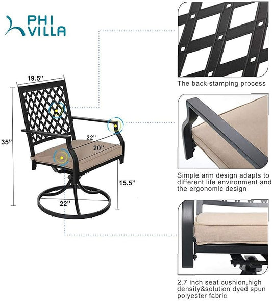 PHI VILLA 5 Pieces Outdoor Dining Set for 4, 37" Black Metal Table with Umbrella Hole & Swivel Wrought Iron Chairs with Cushions, Outside Furniture for Patio, Deck, Yard, Porch