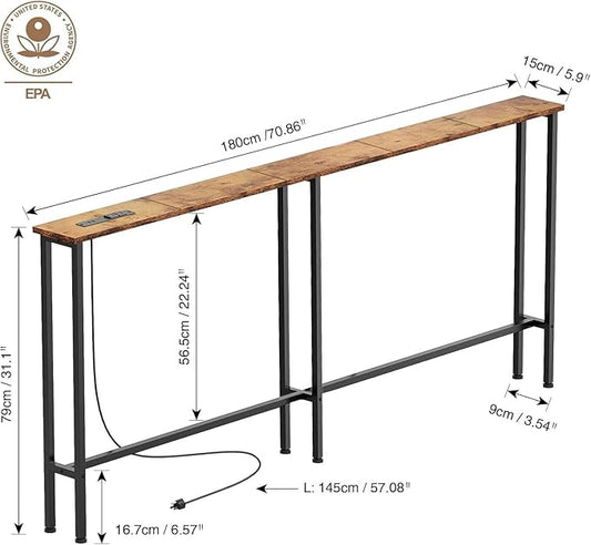 Keelian 70" Narrow Console Sofa Table - Power Outlets & 2 USB Ports, Metal Frame, Rustic Brown, Perfect for Hallway, Office, and Behind Sofa - Easy Assembly, 4.9' Extension Cord Included