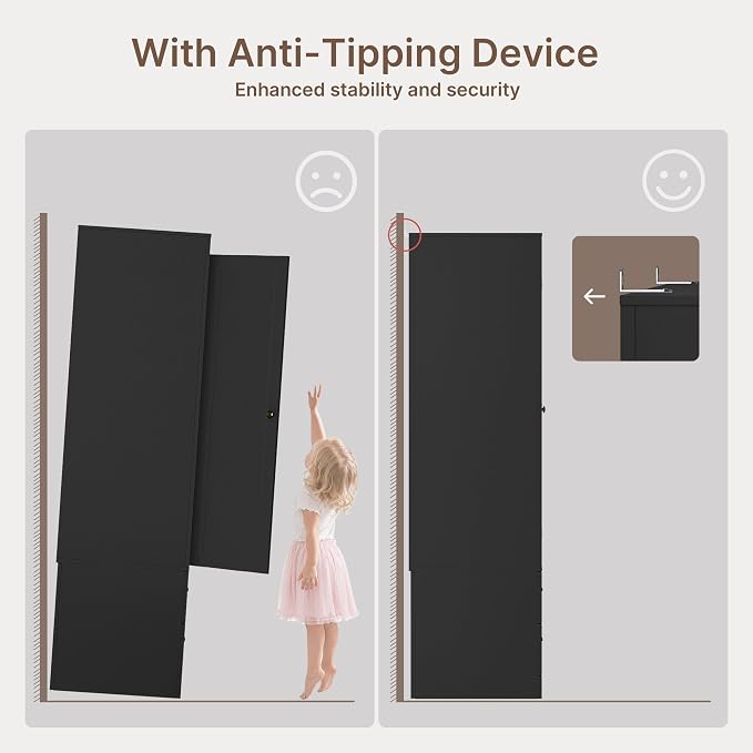 Gizoon Wood Wardrobe Closet with Full Length Mirror, Wooden Armoire with Hanging Rod & 2 Drawers, Bedroom Clothing Storage Cabinet, Anti-tip, Mirror Can Be Installed on Left/Right Door Freely, Black