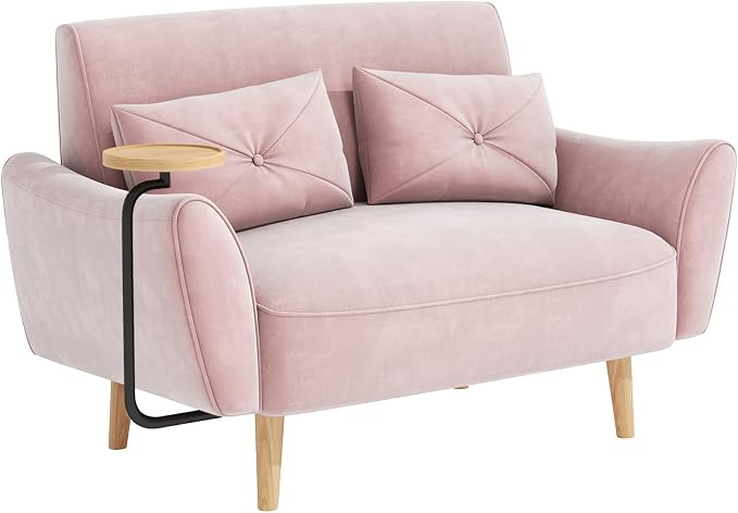 Brelice Loveseat Sofa, 47" Velvet Couch for Bedroom, Convertible Wooden Tray & Ergonomic Armrest, for Small Space, Apartment, Living Room, Home Office, Easy Assembly, Pink