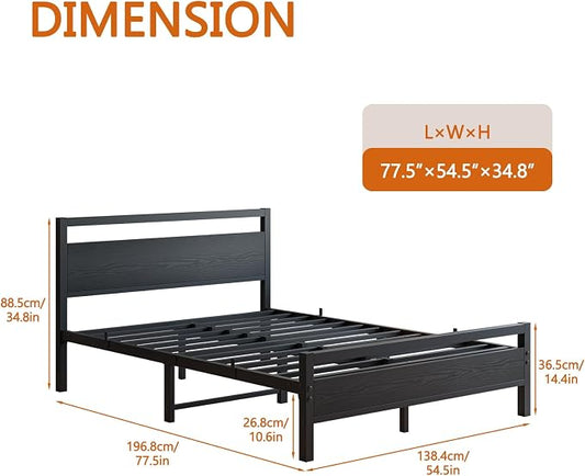 BOFENG Full Size Bed Frame with Wood Headboard,Heavy Duty Platform Bed Frame Full with Storage No Box Spring Needed,Reinforced Steel Slats Support,Mattress Foundation,Black
