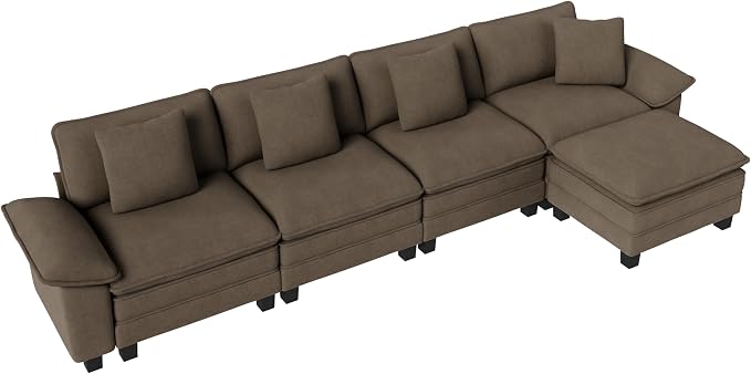 PHI VILLA Cloud Modular Couch Sets, 157.5" Oversized Sectional Sofa with L-Shaped Chaise, 5-Seater Upholstered Couches with Movable Ottoman for Living Room, Chenille Grayish Brown