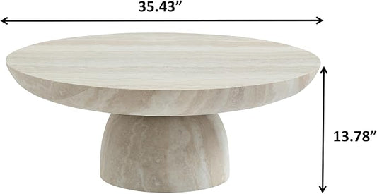 35.43" Round Marble Coffee Table, Modern Pedestal Coffee Table Faux Stone Drum Center Table with Base, Accent Concrete Side End Table for Living Room Apartment Home Office