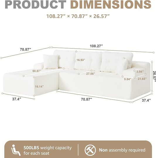 Hobestluk Modular Sectional Sofa Couches L-Shape Couch 3 Seat Modular Sofa Memory Foam Sectional Couches for Living Room, Cloud Couch with Oversized Chaise (White Tufted, 108", Left Hand Facing)