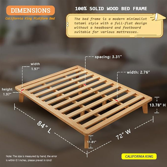 NELYE California-King Platform Bed Base - 14 Inch Solid Wood Mattress Foundation with Support Slats and Legs, California King Size Rubberwood Simple Bed Frame