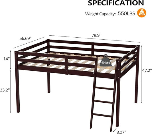 VINGLI Junior Low Loft Bed with Inclined Stairs, Wood Loft Bed Full Size for Adults, Kids and Young Teens, No Box Spring Required,Wood Slat Support, Espresso