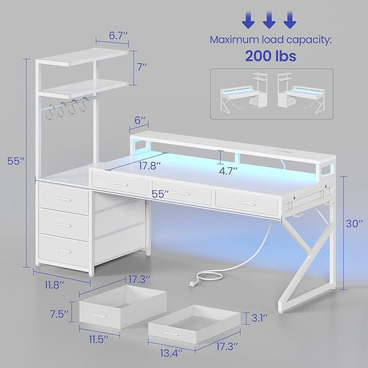 SEDETA 55" Gaming Desk with 6 Drawers, Corner Gaming Desk with Storage & LED Lights, Reversible PC Desk with Power Outlet, Corner Computer Desk with Hutch, Monitor Stand, Side Hook, Carbon Fiber White