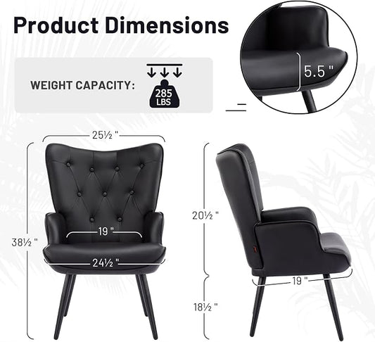 Furniliving PU Leather Accent Chair for Living Room, Upholstered Reading Chair with High Backrest, Tufted-Button Wingback Armchair for Bedroom, Dressing Room, Home Office, Black