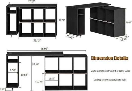 BOSHIRO Black L-Shaped Computer Desk with Storage Shelves, Small Study Writing Desk with Charging Station, 67” Bedroom Side Table & 360° Rotating Desk for Living Room