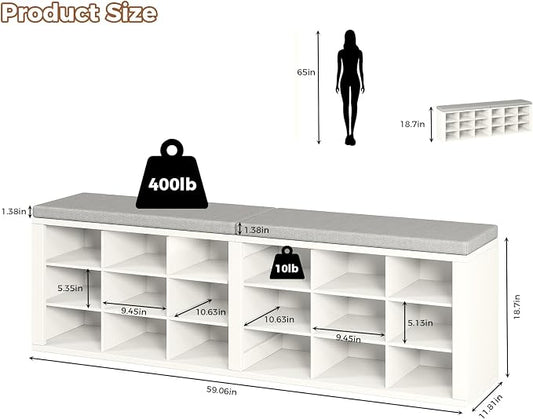 Shoe Rack Bench, Shoe Storage Bench with Cushion, Shoe Organizer 18 Cubbies for Entryway Hallway Bedroom Living Room, Holds Up to 400lbs