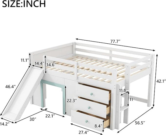Bellemave Full Size Low loft Bed with Slide for Kids,Wood Modern Farmhouse Full Loft Bed with Drawer Storage, No Box Spring Needed, White