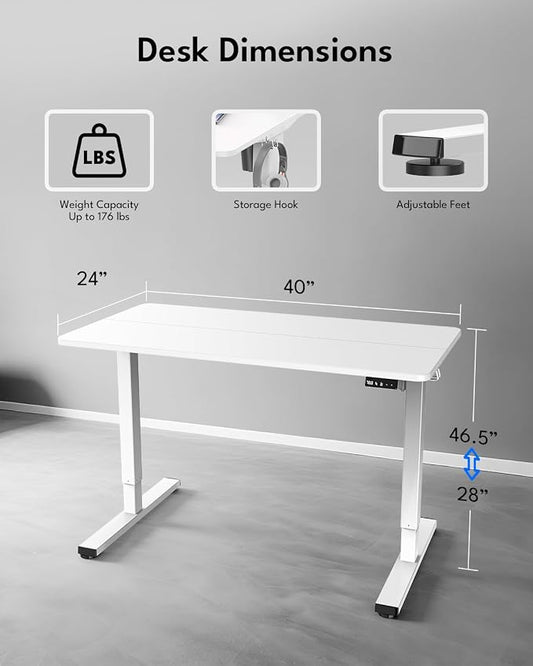 Standing Desk, Height Adjustable Electric Stand up Desk, 40 x 24 Inches Sit Stand Home Office Desk with Splice Board, White Frame/White Top