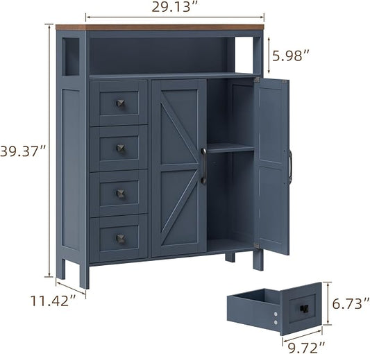 Vabches Farmhouse Storage Cabinet with 2 Doors and 4 Drawers, Freestanding Bathroom Compartment Kitchen Pantry Cabinet, Floor Cupboard for Kitchen/Living Room/Bathroom,Blue