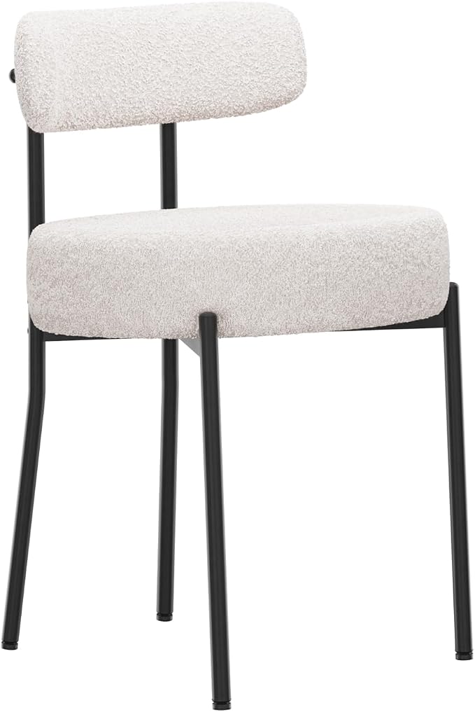 DYHOME White Boucle Dining Chairs Set of 6, Mid Century Modern Dining Room Chairs with Curved Backrest, Upholstered Kitchen Chairs with Black Metal Legs