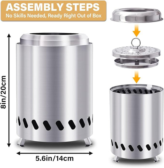 HGD Small Tabletop Fire Pit 8.0 x 5.5 in, Portable Mini Smokeless Table Top Firepit, Low Smoke Camping Stove for Outdoor/Patio, with Travel Bag & Forks, Fueled by Pellets/Wood, Stainless Steel, Silver