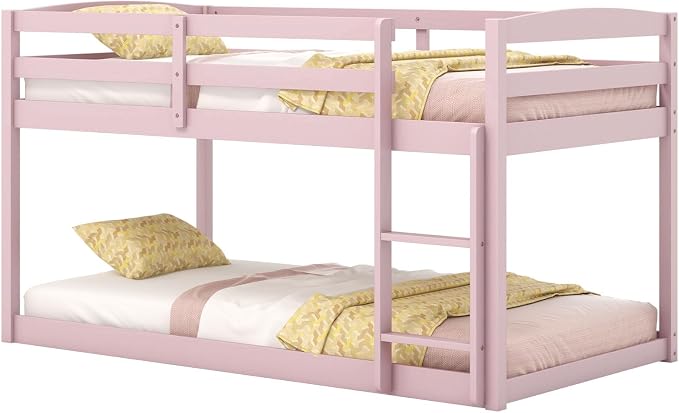 Giantex Twin Low Bunk Bed, Solid Wood Twin Over Twin Bunk Bed Frame with Full Guardrails & Integrated Ladder, Floor Twin Bunk Beds for Kids Boys and Girls, No Box Spring Needed (Pink)
