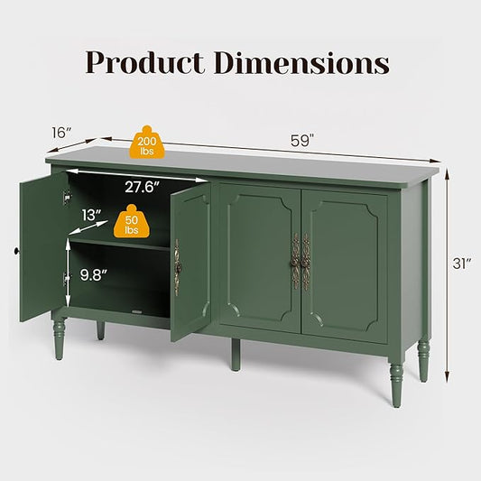 RoyalCraft 118" Buffet Cabinet with Storage, Vintage Sideboard with Adjustable Shelves, Mid Century Modern Painted Credenza Coffee Bar for Kitchen, Dining Room, Entryway, Living Room, Forest Green