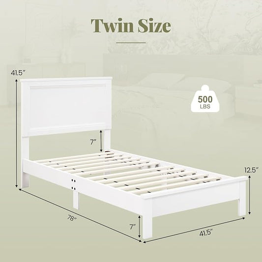 Giantex Wood Twin Bed Frames with Headboard, Mid Century Platform Bed Frame with Solid Wood Legs & Wooden Slat Support, Twin Bed Frames for Kids Adults, White Bed