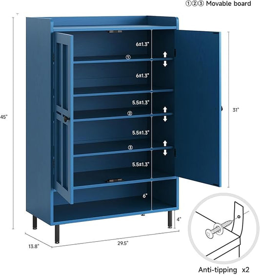 ComfyCorner Blue 7+1 Tier Farmhouse Shoe Storage Cabinet - 45" Tall Entryway Organizer with Cross Molding Doors, 3 Adjustable Shelves & Metal Legs, Shoe Rack for Front Door Entrance