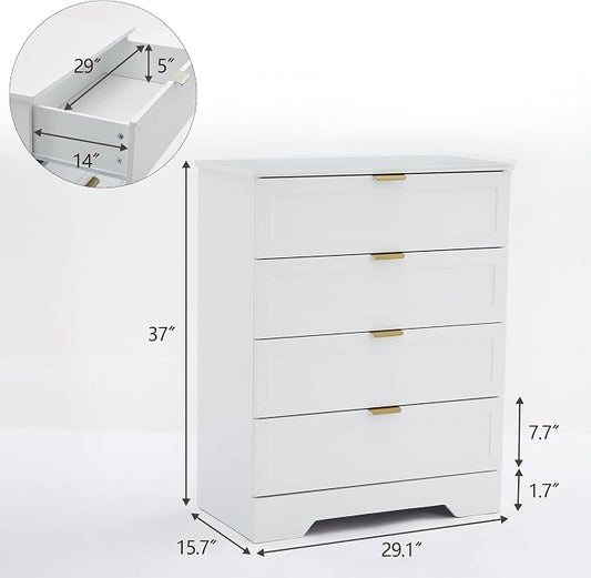 37-inches Tall Chest of Drawers, 4 Drawer Dresser for Bedroom, Wood Dresser with Large Drawers, Modern Storage Cabinet for Closet, Living Room, Entryway, White