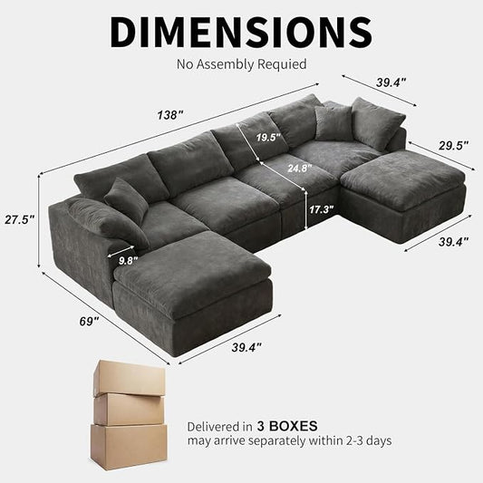 138" Boneless Cloud Couch Sectional for Living Room, Oversized Modular U Shaped Sofa with Double Chaise, Deep Seat Chenille Sectional Couch for Cloud-Like Comfort(Ash Grey)