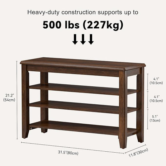Taitiy Shoe Bench Storage Rubberwood, Entryway Bench with 3-Tiers Height Adjustable, Shoe Rack Front Door Entrance Organizer for Hallway Living Room, Mudrooms, Walnut,31.5"