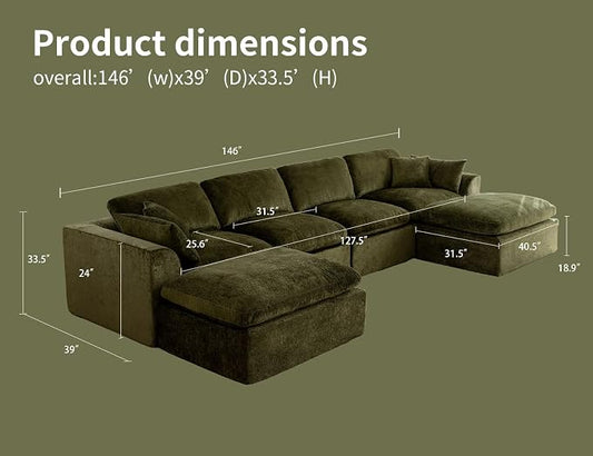 146" Modular Sectional Sofa – Modern Cloud Couch with Deep Chenille Seats, U-Shaped Boneless Sofa, Pet-Friendly, No Assembly, Olive Green (4 Seater + 2 Ottoman)