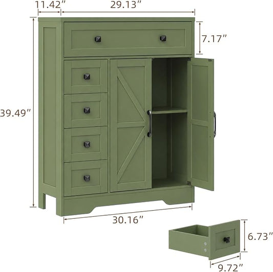 Vabches Farmhouse Storage Cabinet with 2 Doors and 5 Drawers, Freestanding Bathroom Cabinets Kitchen Pantry, Floor Storage Cabinet Hutch Cupboard for Living Room/Bathroom/Kitchen. Green