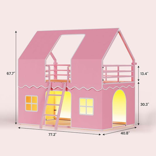 BTHFST Bunk Bed Twin Over Twin with Play Curtain, House Bunk Bed with LED Lights, Metal Kids Bunk Bed with Inclined Ladder and Guardrail, Space Saving, No Box Spring Needed, Pink