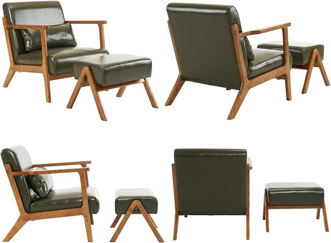 Accent Chair and Ottoman Set, Mid-Century Modern Faux Leather Upholstered Lounge Armchair with Pillow, Solid Wood Frame & Comfortable Cushion for Living Room, Bedroom, Balcony, Green
