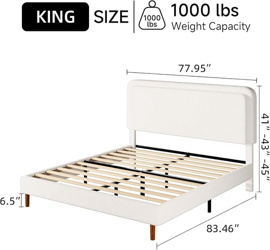 King Size Boucle Upholstered Bed Frame with Adjustable Headboard, Cloud Platform Bed, Solid Wooden Legs, No Box Spring Needed, Easy Assembly, White