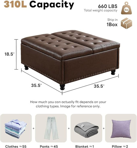 Tbfit Large Square Storage Ottoman Bench, Tufted Upholstered Coffee Table Ottoman with Lift Top & Solid Wood Legs, Oversized Storage Ottomans Toy Box for Living Room (Dark Brown)