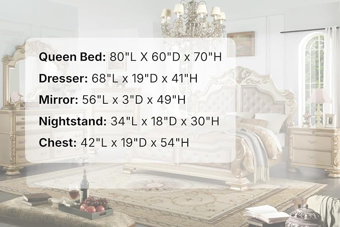 First of a Kind Miranda Gold Finish Traditional 5 Piece Queen Bedroom Set with Upholstered Tufted Headboard Ornate European Inspired Design Coordinated Furniture Collection