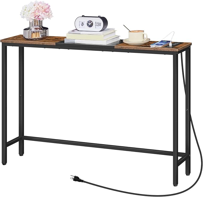 HOOBRO Narrow Console Table with Power Outlets, 44.9 Inches Sofa Table, Slim Behind Couch Table, Entryway Table with Display Shelf, for Living Room, Foyer, Hallway, Rustic Brown and Black BF114UXG01