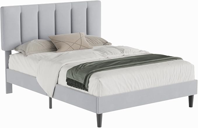 VECELO Queen Size Bed Frame with Upholstered Headboard, Heavy-Duty Bedframe with Strong Wooden Slats Support, No Boxing Spring Needed, Light Grey