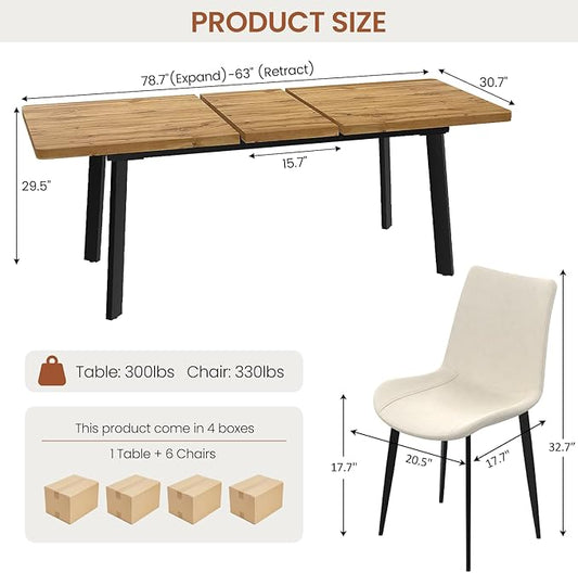 Extendable Dining Table Set for 6 to 8 People, 63" to 78.7" Modern Kitchen Table Set with 6 Leather Chairs, MDF Dining Room Table and Chairs with Removable Extension Leaf (Walnut Table+White Chairs)