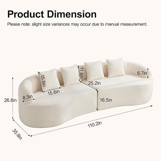 110.2" Curved Boneless Couch, Oversized Cloud Sofa with 4 Pillows, Modern 4 Seater Modular Sectional Sofa, Boneless Sectional Couches for Living Room, Curved Foam Couch, Beige
