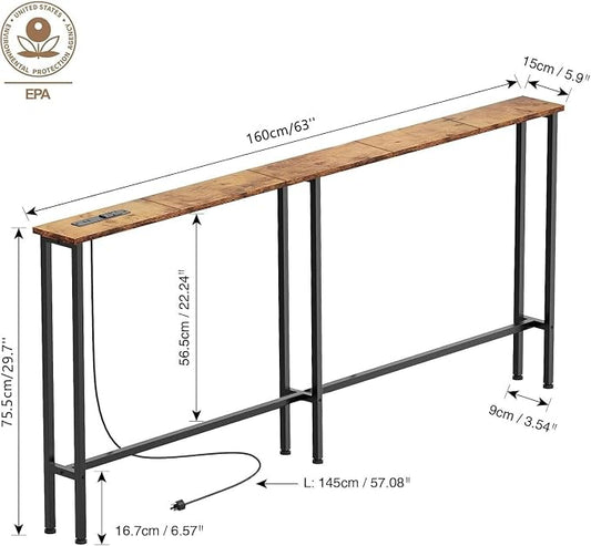 Keelian 63" Sofa Table Narrow Long - Power Outlets & 2 USB Ports, Metal Frame,Behind Couch Table Behind Sofa for Living Room, Hallway, Entrance- Easy Assembly, 4.9' Extension Cord Included.