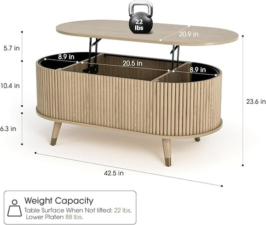 JOINICE 42.5" Oval Lift Top Coffee Table with Storage, Modern Oak Center Table with Fluted Design, Solid Wood Legs & Hidden Compartment, Pop Up Coffee Table for Living Roomm
