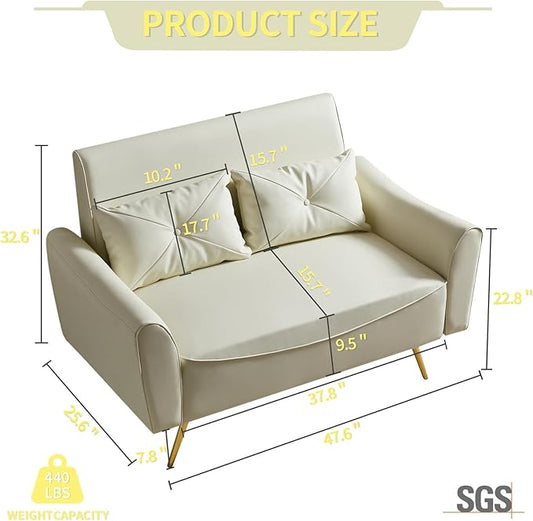 Brelice 47" Faux Leather Loveseat Sofa, Modern Small Couch for Small Space with 2 Pillows, 2 Seater Couch for Living Room, Bedroom, Office, Apartment (Beige)