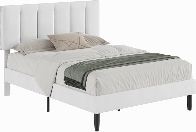 VECELO Queen Size Bed Frame with Upholstered Headboard, Heavy-Duty Bedframe with Wooden Slats & Steel Framework, Easy Assembly, Pure White