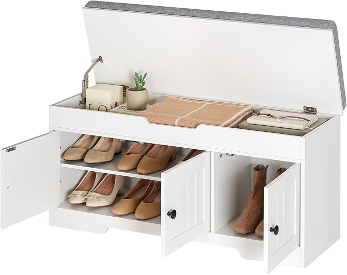 HOOBRO 39.4" Long Entryway Bench with Flip-Top Storage, 3 Tier Shoe Storage Bench with Thickened Padded Seat Cushion, Wooden Shoe Bench with 3 Barn Doors & Adjustable Shelf, White and Gray WG35HX01