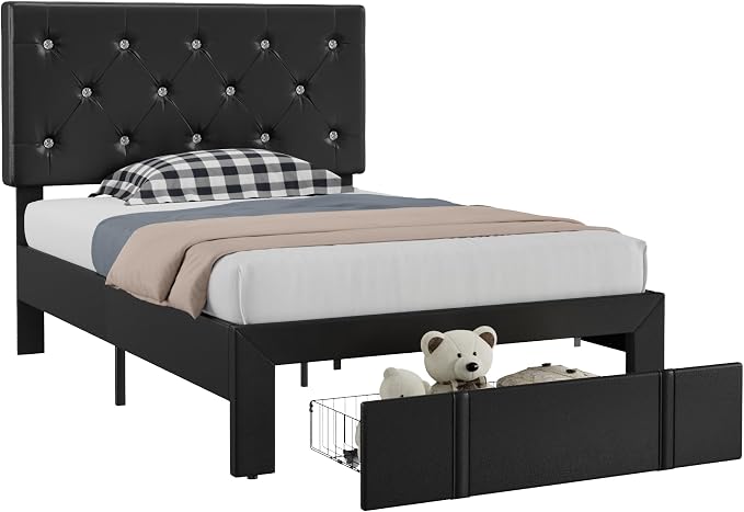 VECELO Twin Size Bed Frame with Storage Drawers, Leather Upholstered Bedframe with Diamond Tufted Headboard, Solid Wood Slat Support, No Box Spring Needed, PU Black