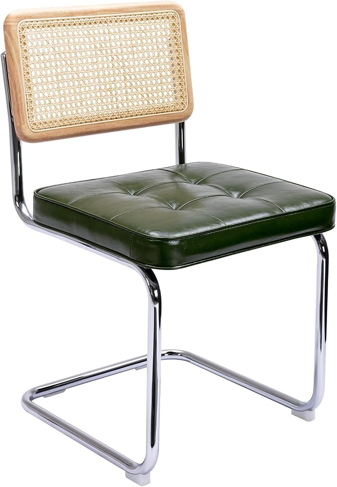 Zesthouse Natural Rattan Dining Chairs Set of 2, Mid Century Modern Dining Room Chairs with Chrome Leg, Faux Leather Kitchen Chair with Solid Wood Back & Cane Mesh, Breuer Cesca Design Inspired, Green