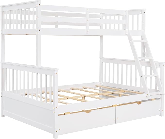 Merax Wood Bunk Bed with Drawers,Convertible Wood Bunk Bed with Ladders and Two Storage Drawers,Solid Wood Detachable Bed Frame with Ladders,Twin Over Full Size,White