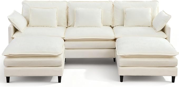 113" Chenille Modular Sectional Sofa, Convertible L Shaped Modular Sofa Comfy Cloud Couch with Ottoman, Side Pockets and 5 Throw Pillows for Living Room (White, 113" - 5 Seats)