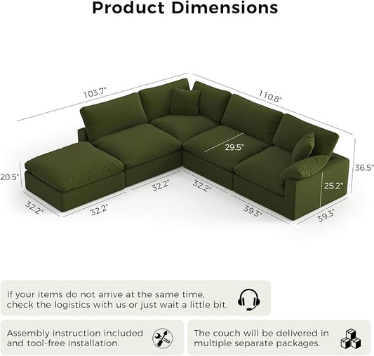 143" Cloud Modular Sectional Sofa,Green Down Filled Sofa 4 Seat with Chaise,Minimalist Sofa Cover Washable and Replaceable Couches for Living Room,Sectional Sofa Deep Seat