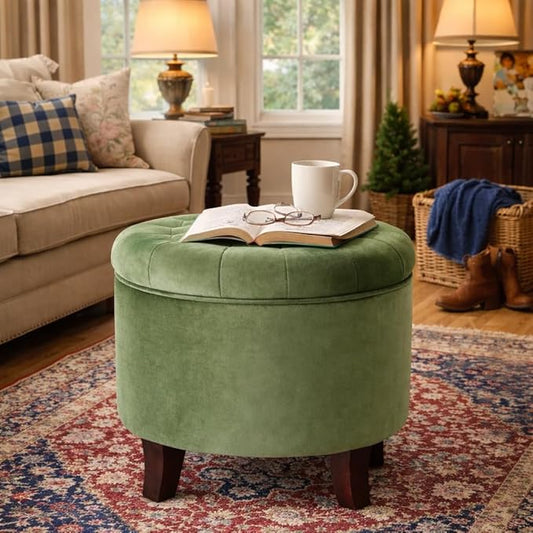 HomePop 19" Velvet Button Tufted Round Storage Ottoman - Green